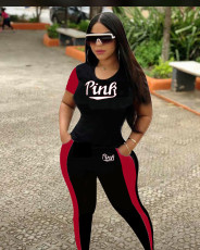 Pink Letter Print T Shirt And Pants 2 Piece Sets YMT-6215