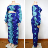 Plus Size Printed Long Sleeve Off Shoulder 2 Piece Sets NNWF-7239