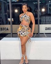 Leopard Halter Crop Top Hollow Mini Skirt 2 Piece Sets SXF-27127