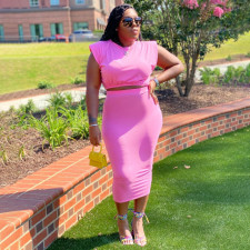 Plus Size Solid Sleeveless Shoulder Pads Long Skirt 2 Piece Sets ONY-5097
