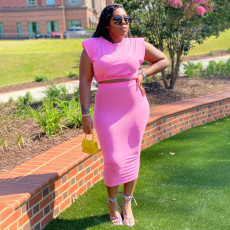 Plus Size Solid Sleeveless Shoulder Pads Long Skirt 2 Piece Sets ONY-5097