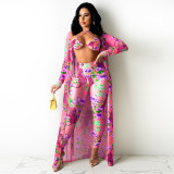 Floral Print Bra Top+Long Cloak+Pants 3 Piece Sets TE-4290