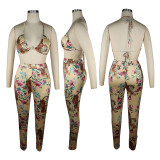 Floral Print Bra Top+Long Cloak+Pants 3 Piece Sets TE-4290