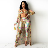 Floral Print Bra Top+Long Cloak+Pants 3 Piece Sets TE-4290