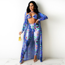 Floral Print Bra Top+Long Cloak+Pants 3 Piece Sets TE-4290