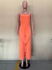 Solid Halter Backless Ruffled Jumpsuit OLYF-6067-1