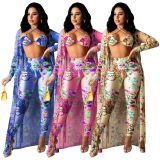 Floral Print Bra Top+Long Cloak+Pants 3 Piece Sets TE-4290