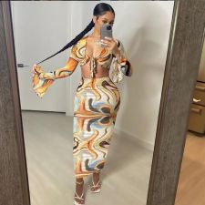 Sexy Printed Long Sleeve Maxi Skirt 2 Piece Sets MOF-6635