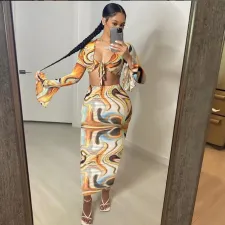 Sexy Printed Long Sleeve Maxi Skirt 2 Piece Sets MOF-6635