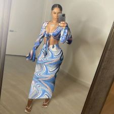 Sexy Printed Long Sleeve Maxi Skirt 2 Piece Sets MOF-6635