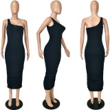 Solid One Shoulder Sleeveless Ruched Long Dress YNSF-1665
