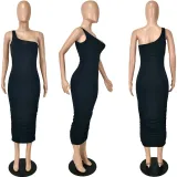 Solid One Shoulder Sleeveless Ruched Long Dress YNSF-1665