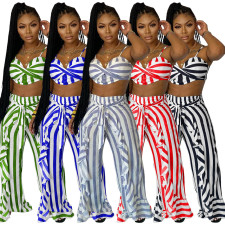 Plus Size Striped Sling Crop Top+Ruffled Pants 2 Piece Sets YIM-201
