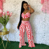 Plus Size Striped Sling Crop Top+Ruffled Pants 2 Piece Sets YIM-201