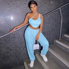 Solid One Shoulder Sleeveless 2 Piece Pants Set YNSF-1662