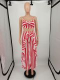 Plus Size Striped Sling Crop Top+Ruffled Pants 2 Piece Sets YIM-201