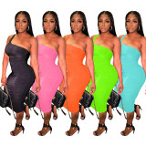 Solid One Shoulder Sleeveless Ruched Long Dress YNSF-1665