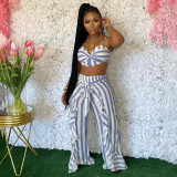 Plus Size Striped Sling Crop Top+Ruffled Pants 2 Piece Sets YIM-201