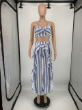 Plus Size Striped Sling Crop Top+Ruffled Pants 2 Piece Sets YIM-201
