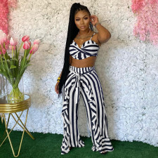 Plus Size Striped Sling Crop Top+Ruffled Pants 2 Piece Sets YIM-201