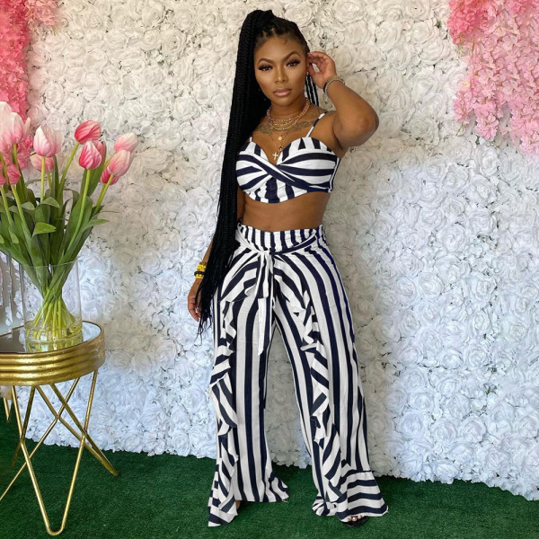 Plus Size Striped Sling Crop Top+Ruffled Pants 2 Piece Sets YIM-201