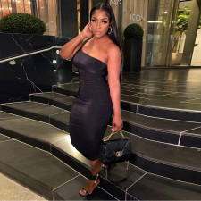 Solid One Shoulder Sleeveless Ruched Long Dress YNSF-1665