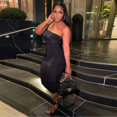 Solid One Shoulder Sleeveless Ruched Long Dress YNSF-1665