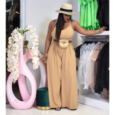 Plus Size Solid Sleeveless Wide Leg Pants 2 Piece Sets YS-8821
