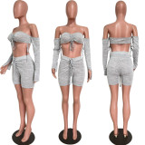 Sexy Long Sleeve Off Shoulder Lace-Up 2 Piece Shorts Set HMS-5489
