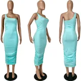 Solid One Shoulder Sleeveless Ruched Long Dress YNSF-1665