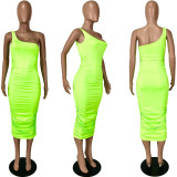 Solid One Shoulder Sleeveless Ruched Long Dress YNSF-1665