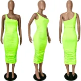 Solid One Shoulder Sleeveless Ruched Long Dress YNSF-1665