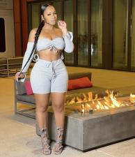 Sexy Long Sleeve Off Shoulder Lace-Up 2 Piece Shorts Set HMS-5489