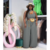 Plus Size Solid Sleeveless Wide Leg Pants 2 Piece Sets YS-8821
