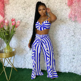 Plus Size Striped Sling Crop Top+Ruffled Pants 2 Piece Sets YIM-201