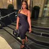 Solid One Shoulder Sleeveless Ruched Long Dress YNSF-1665