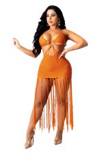 Sexy Knitted Tassel Halter Hollow Mini Dress TR-1166