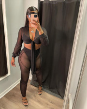 Sexy Perspective Long Sleeve 2 Piece Pants Set NYF-8079