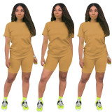 Solid Tracksuit Short Sleeve Two Piece Shorts Set TE-3779