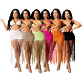 Sexy Knitted Tassel Halter Hollow Mini Dress TR-1166