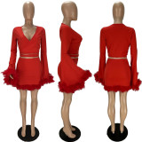 Solid Feather Long Flare Sleeve Mini Skirt 2 Piece Sets XYF-9111