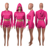 Solid Hooded Long Sleeve Drawstring 2 Piece Shorts Set NIK-255