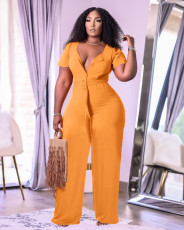 Plus Size Solid Short Sleeve Belted Jumpsuit TK-6191