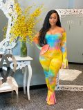 Tie Dye Print Slash Neck Flare Jumpsuit WSM-5265