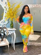 Tie Dye Print Slash Neck Flare Jumpsuit WSM-5265