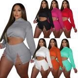 Solid Hooded Long Sleeve Drawstring 2 Piece Shorts Set NIK-255