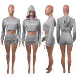 Solid Hooded Long Sleeve Drawstring 2 Piece Shorts Set NIK-255