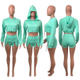 Solid Hooded Long Sleeve Drawstring 2 Piece Shorts Set NIK-255