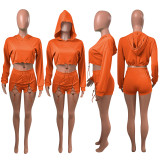 Solid Hooded Long Sleeve Drawstring 2 Piece Shorts Set NIK-255