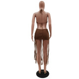 Sexy Knitted Tassel Halter Hollow Mini Dress TR-1166